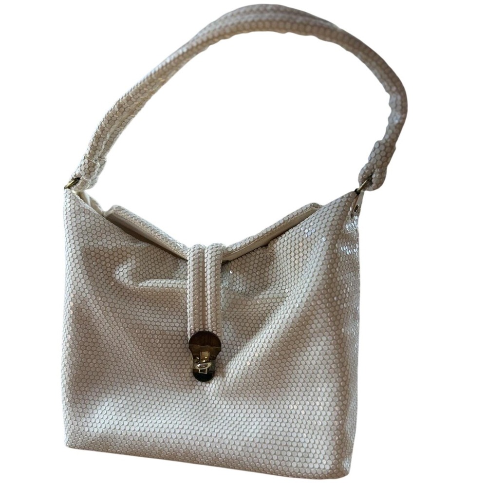 Vtg Lumured Beaded Evening Bag Ivory Gold Filigree Accents Strap Twist Lock Glam
